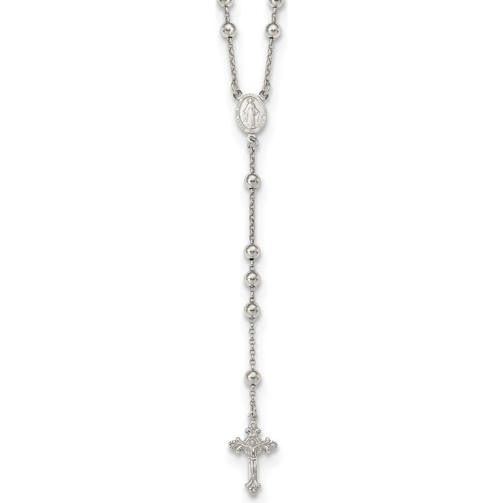 Sterling Silver Rhodium-Plated Beaded Rosary Necklace with Textured Charm - 25" Cable Chain by Lumare Gioia