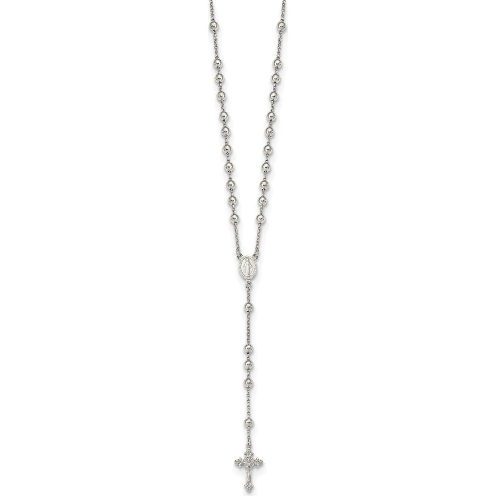 Sterling Silver Rhodium-Plated Beaded Rosary Necklace with Textured Charm - 25" Cable Chain by Lumare Gioia