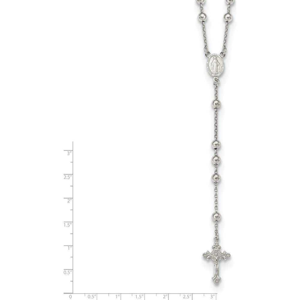 Sterling Silver Rhodium-Plated Beaded Rosary Necklace with Textured Charm - 25" Cable Chain by Lumare Gioia