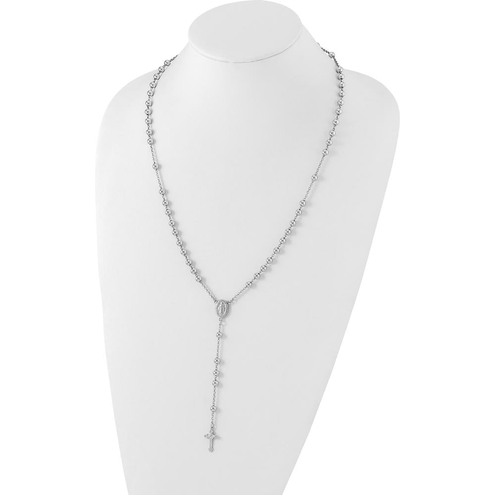 Sterling Silver Rhodium-Plated Beaded Rosary Necklace with Textured Charm - 25" Cable Chain by Lumare Gioia