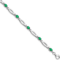Sterling Silver Rhodium-Plated Bracelet with Oval Emeralds and Round Diamonds - 0.161 Carat Total Emerald Weight by 0