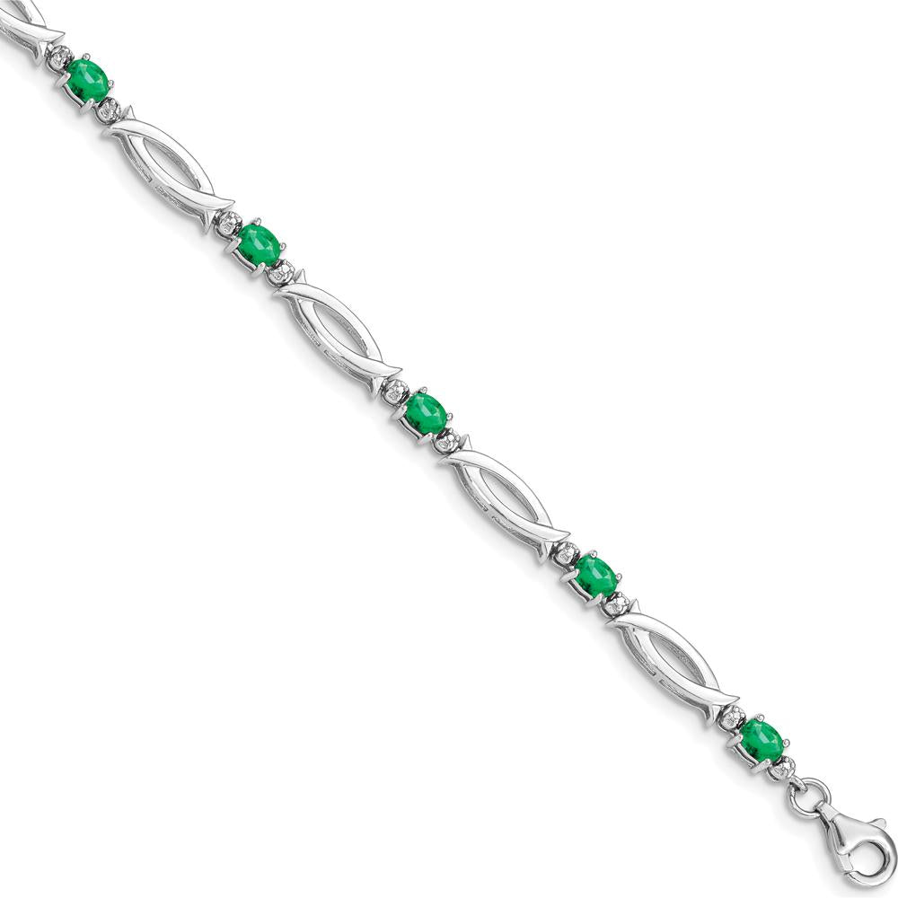 Sterling Silver Rhodium-Plated Bracelet with Oval Emeralds and Round Diamonds - 0.161 Carat Total Emerald Weight by 0