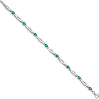 Sterling Silver Rhodium-Plated Bracelet with Oval Emeralds and Round Diamonds - 0.161 Carat Total Emerald Weight by 0