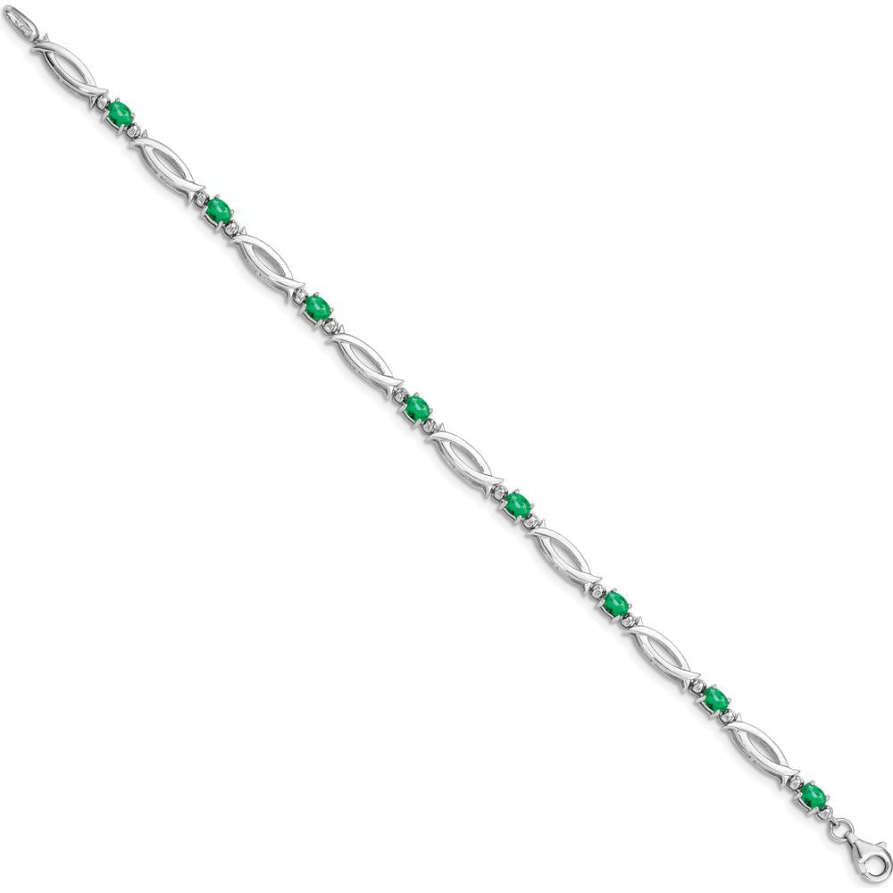 Sterling Silver Rhodium-Plated Bracelet with Oval Emeralds and Round Diamonds - 0.161 Carat Total Emerald Weight by 0