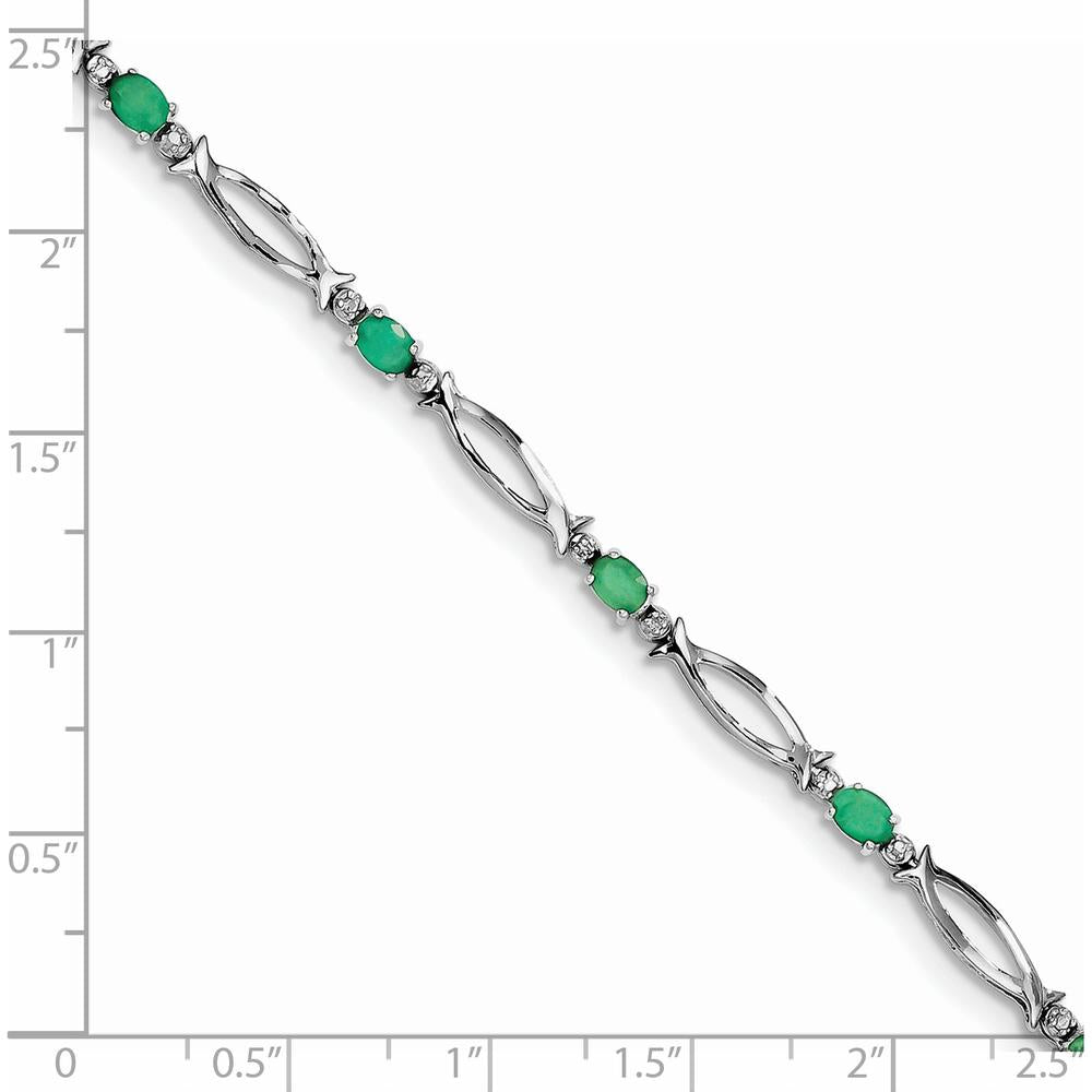 Sterling Silver Rhodium-Plated Bracelet with Oval Emeralds and Round Diamonds - 0.161 Carat Total Emerald Weight by 0