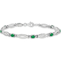 Sterling Silver Rhodium-Plated Bracelet with Oval Emeralds and Round Diamonds - 0.161 Carat Total Emerald Weight by 0