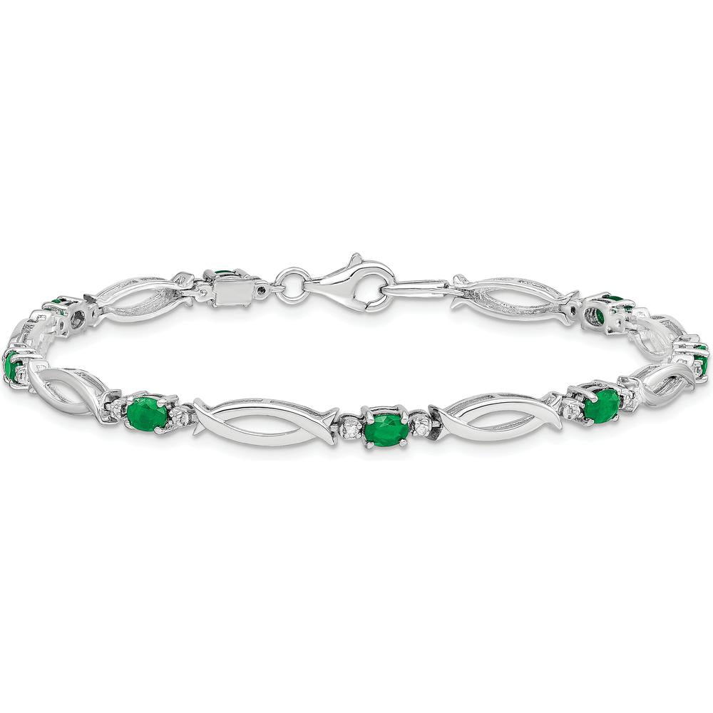 Sterling Silver Rhodium-Plated Bracelet with Oval Emeralds and Round Diamonds - 0.161 Carat Total Emerald Weight by 0