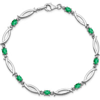 Sterling Silver Rhodium-Plated Bracelet with Oval Emeralds and Round Diamonds - 0.161 Carat Total Emerald Weight by 0