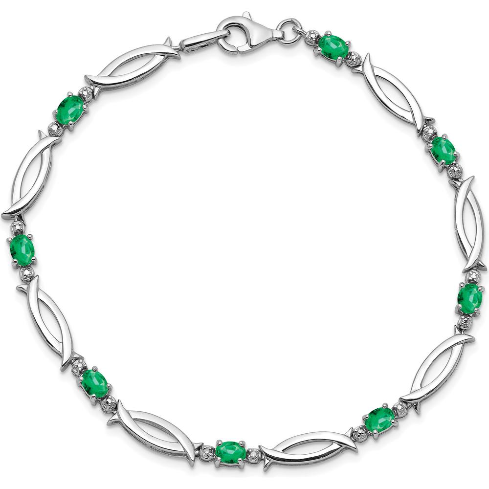 Sterling Silver Rhodium-Plated Bracelet with Oval Emeralds and Round Diamonds - 0.161 Carat Total Emerald Weight by 0