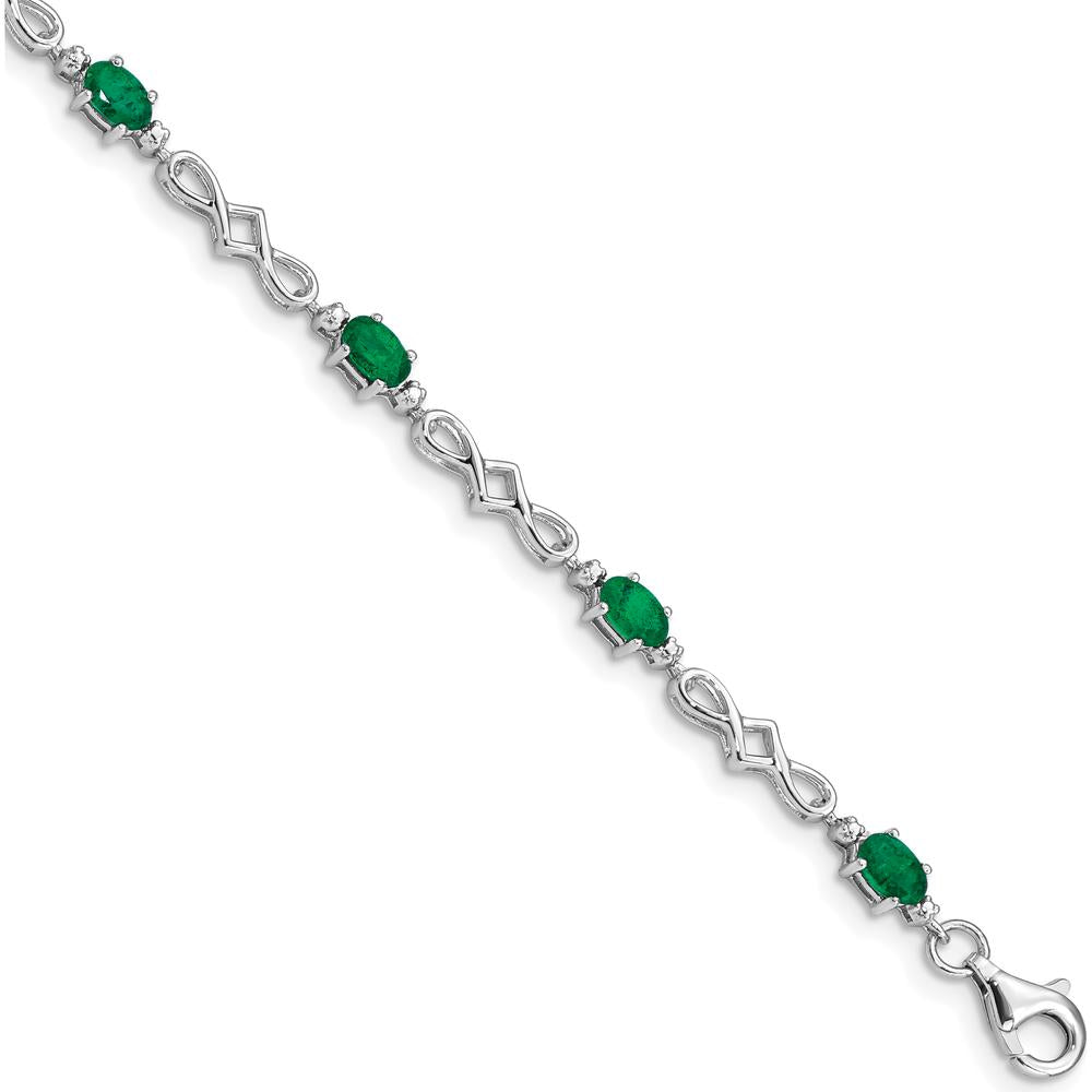 Sterling Silver Rhodium-Plated Bracelet with Oval Emeralds and Round Diamonds - 0.23 Carat Total Emerald Weight by 0