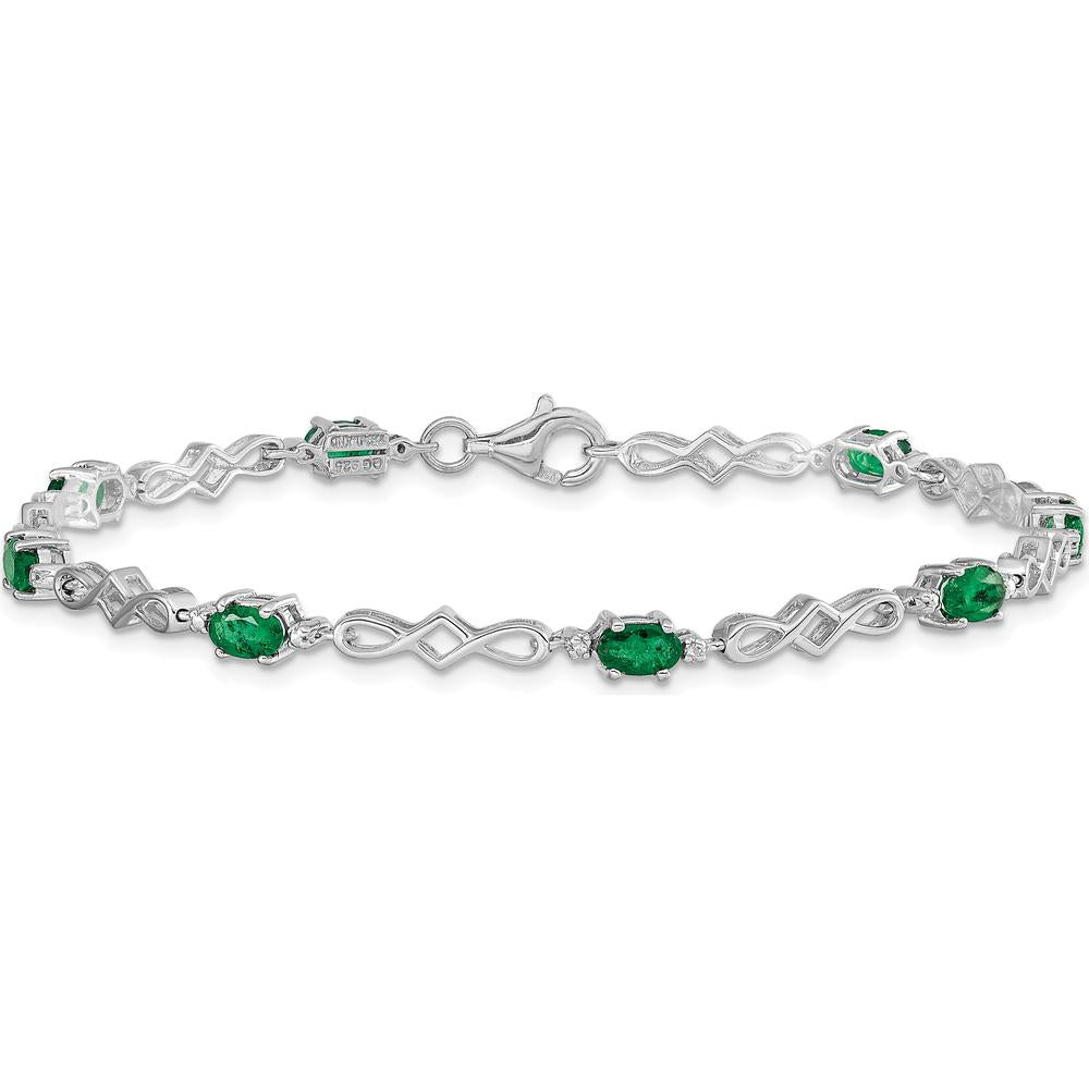 Sterling Silver Rhodium-Plated Bracelet with Oval Emeralds and Round Diamonds - 0.23 Carat Total Emerald Weight by 0