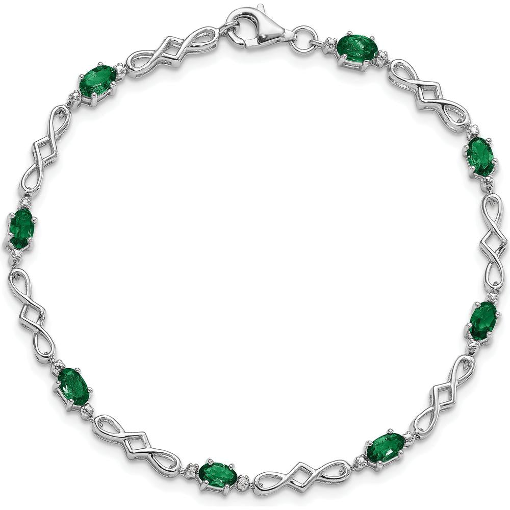 Sterling Silver Rhodium-Plated Bracelet with Oval Emeralds and Round Diamonds - 0.23 Carat Total Emerald Weight by 0