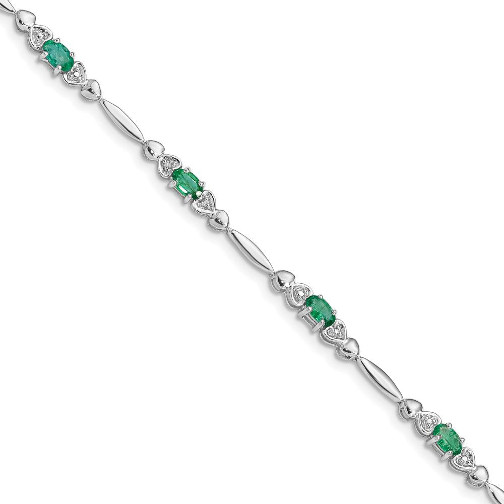 Sterling Silver Rhodium-Plated Bracelet with Oval Emeralds and Round Diamonds - 0.23 Carat Total Gem Weight by 0