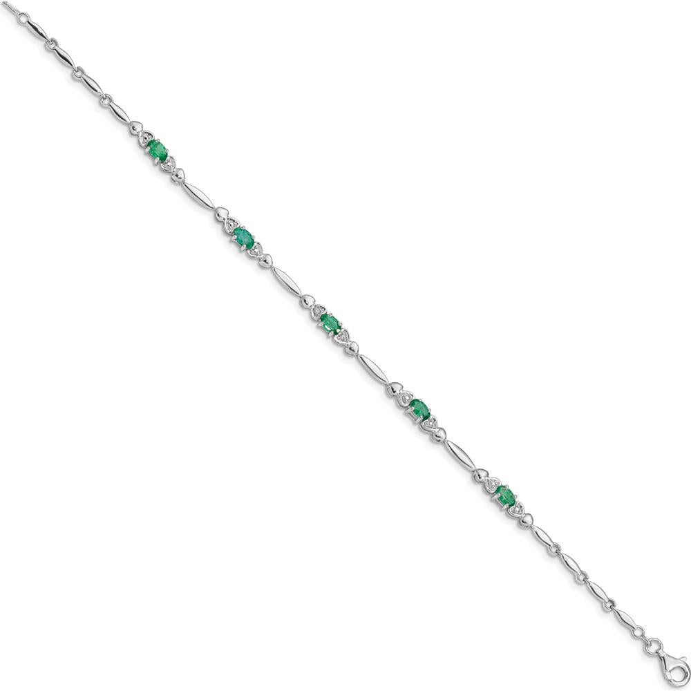 Sterling Silver Rhodium-Plated Bracelet with Oval Emeralds and Round Diamonds - 0.23 Carat Total Gem Weight by 0