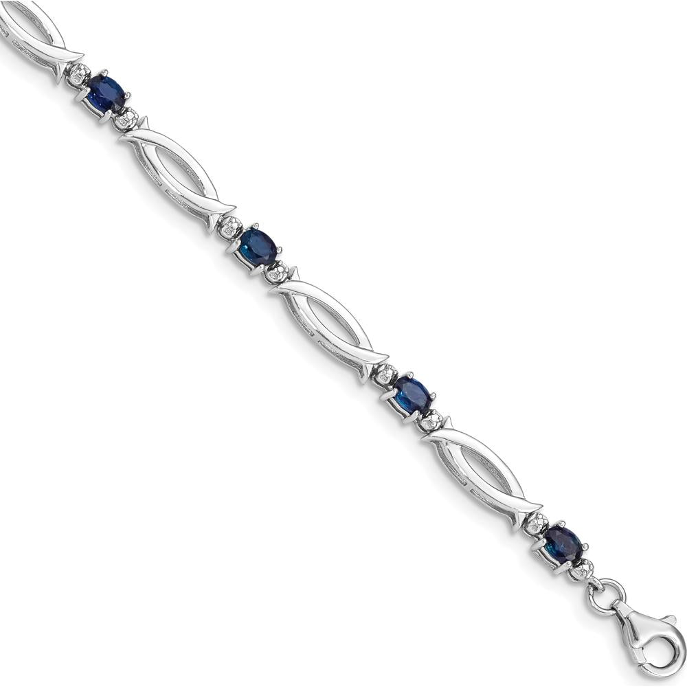 Sterling Silver Rhodium-Plated Bracelet with Oval Sapphires and Round Diamonds - 0.225 Carat Sapphire Total Weight by 0