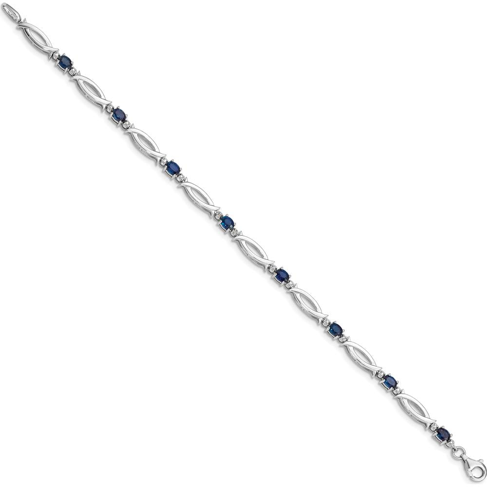 Sterling Silver Rhodium-Plated Bracelet with Oval Sapphires and Round Diamonds - 0.225 Carat Sapphire Total Weight by 0