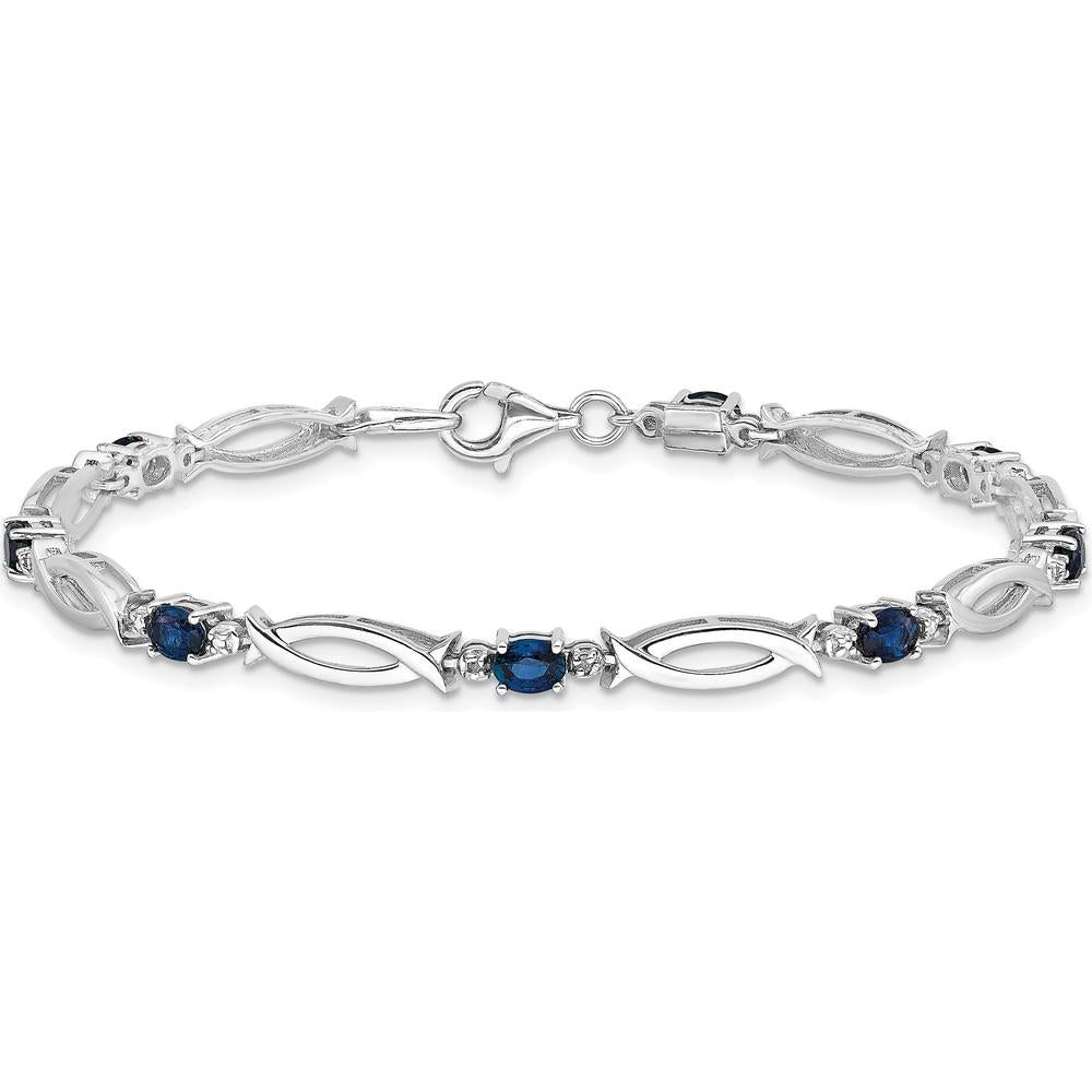 Sterling Silver Rhodium-Plated Bracelet with Oval Sapphires and Round Diamonds - 0.225 Carat Sapphire Total Weight by 0