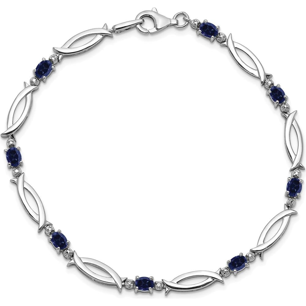 Sterling Silver Rhodium-Plated Bracelet with Oval Sapphires and Round Diamonds - 0.225 Carat Sapphire Total Weight by 0
