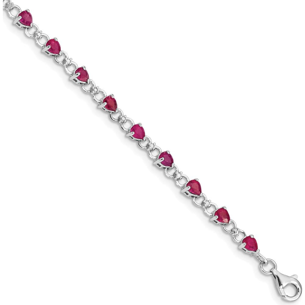 Sterling Silver Rhodium-Plated Bracelet with Pear-Shaped Composite Rubies and Round Diamonds - 0.19 Carat Total Gem Weight by 0