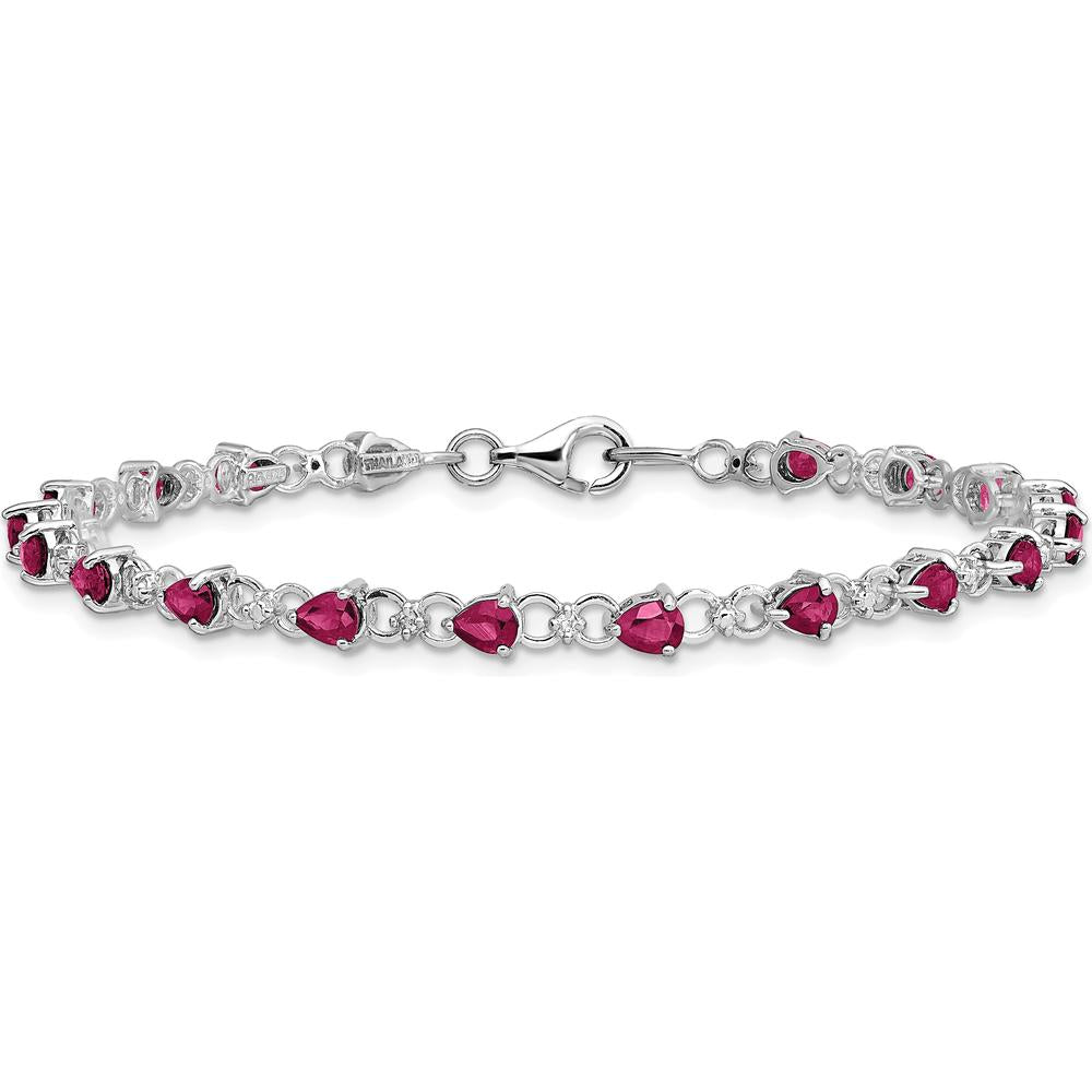 Sterling Silver Rhodium-Plated Bracelet with Pear-Shaped Composite Rubies and Round Diamonds - 0.19 Carat Total Gem Weight by 0