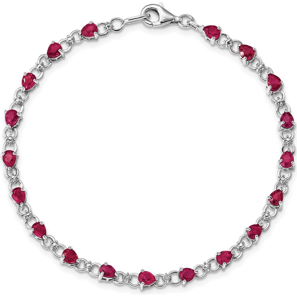 Sterling Silver Rhodium-Plated Bracelet with Pear-Shaped Composite Rubies and Round Diamonds - 0.19 Carat Total Gem Weight by 0