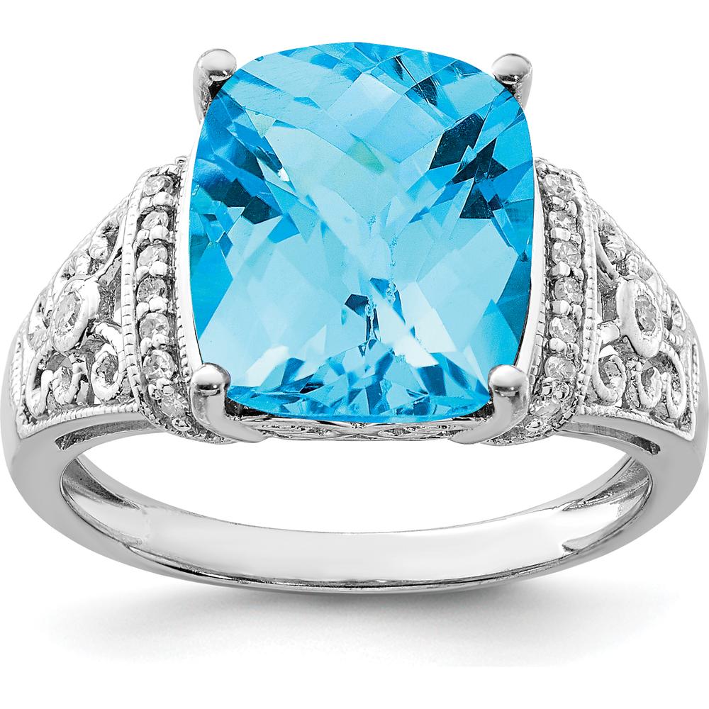 Sterling Silver Rhodium Plated Checker-Cut Swiss Blue Topaz Ring with Pavé Diamonds - 7.00 Carat Topaz Weight by Lumare Gioia