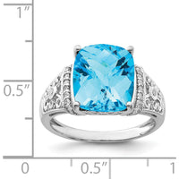 Sterling Silver Rhodium Plated Checker-Cut Swiss Blue Topaz Ring with Pavé Diamonds - 7.00 Carat Topaz Weight by Lumare Gioia