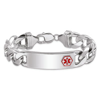 Sterling Silver Rhodium-plated Curb Link Medical ID Bracelet with Enamel Red Medical Symbol - 8" by Lumare Gioia