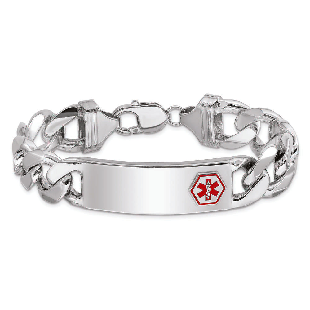 Sterling Silver Rhodium-plated Curb Link Medical ID Bracelet with Enamel Red Medical Symbol - 8" by Lumare Gioia