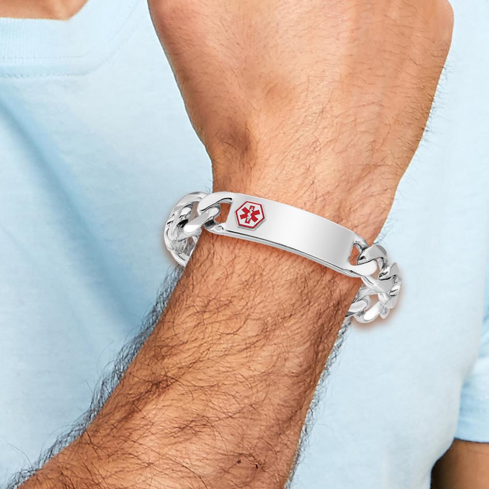 Sterling Silver Rhodium-plated Curb Link Medical ID Bracelet with Enamel Red Medical Symbol - 8" by Lumare Gioia