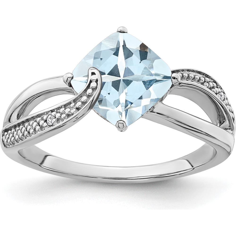 Sterling Silver Rhodium-Plated Cushion Cut Aquamarine and Diamond Ring - 1.378 Carat Aquamarine, 0.010 Carat Diamond by 0