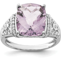 Sterling Silver Rhodium Plated Cushion Cut Rose de France Amethyst Ring with Diamond Accents - 5.45 Carat Total Amethyst Weight by Lumare Gioia
