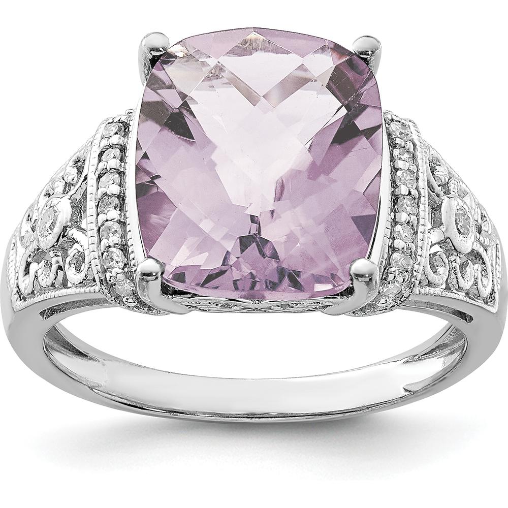 Sterling Silver Rhodium Plated Cushion Cut Rose de France Amethyst Ring with Diamond Accents - 5.45 Carat Total Amethyst Weight by Lumare Gioia