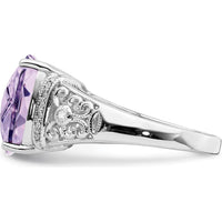 Sterling Silver Rhodium Plated Cushion Cut Rose de France Amethyst Ring with Diamond Accents - 5.45 Carat Total Amethyst Weight by Lumare Gioia