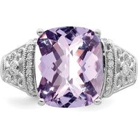 Sterling Silver Rhodium Plated Cushion Cut Rose de France Amethyst Ring with Diamond Accents - 5.45 Carat Total Amethyst Weight by Lumare Gioia