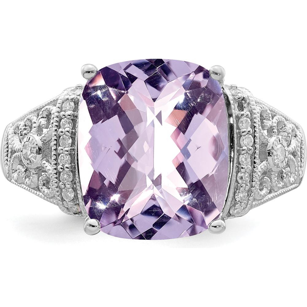 Sterling Silver Rhodium Plated Cushion Cut Rose de France Amethyst Ring with Diamond Accents - 5.45 Carat Total Amethyst Weight by Lumare Gioia