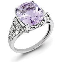 Sterling Silver Rhodium Plated Cushion Cut Rose de France Amethyst Ring with Diamond Accents - 5.45 Carat Total Amethyst Weight by Lumare Gioia