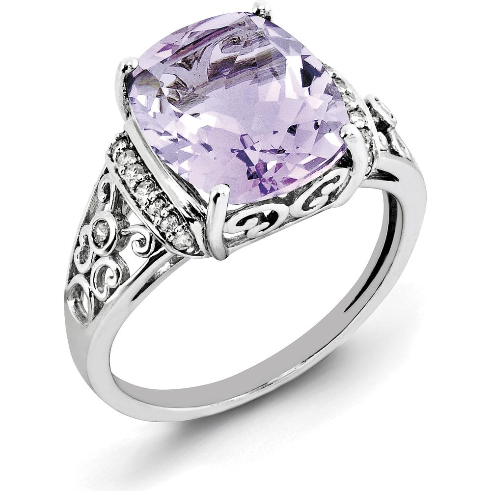 Sterling Silver Rhodium Plated Cushion Cut Rose de France Amethyst Ring with Diamond Accents - 5.45 Carat Total Amethyst Weight by Lumare Gioia