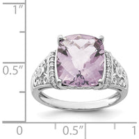 Sterling Silver Rhodium Plated Cushion Cut Rose de France Amethyst Ring with Diamond Accents - 5.45 Carat Total Amethyst Weight by Lumare Gioia