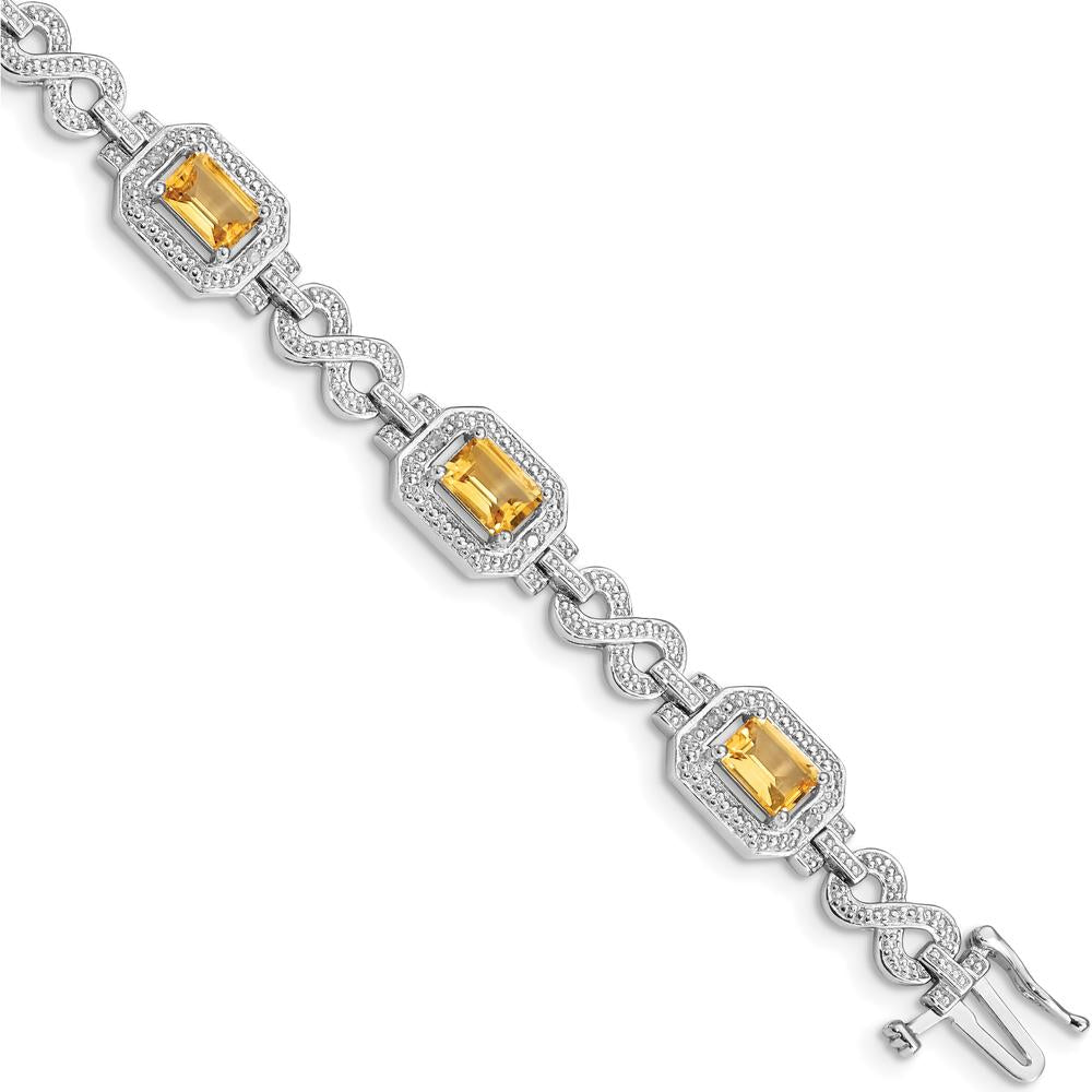 Sterling Silver Rhodium-Plated Diamond & Citrine Bracelet with Octagon Citrines - 0.54 Carat Total Citrine Weight, 0.096 Carat Total Diamond Weight by 0