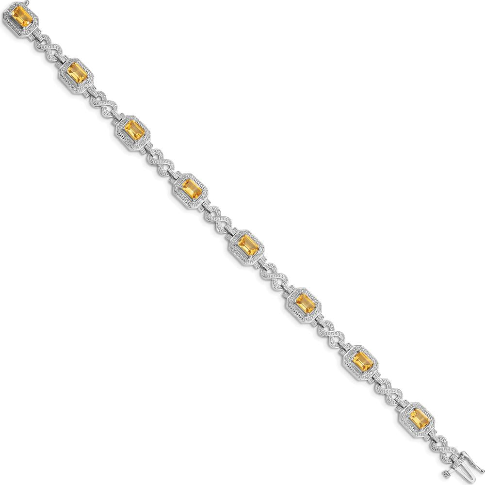 Sterling Silver Rhodium-Plated Diamond & Citrine Bracelet with Octagon Citrines - 0.54 Carat Total Citrine Weight, 0.096 Carat Total Diamond Weight by 0