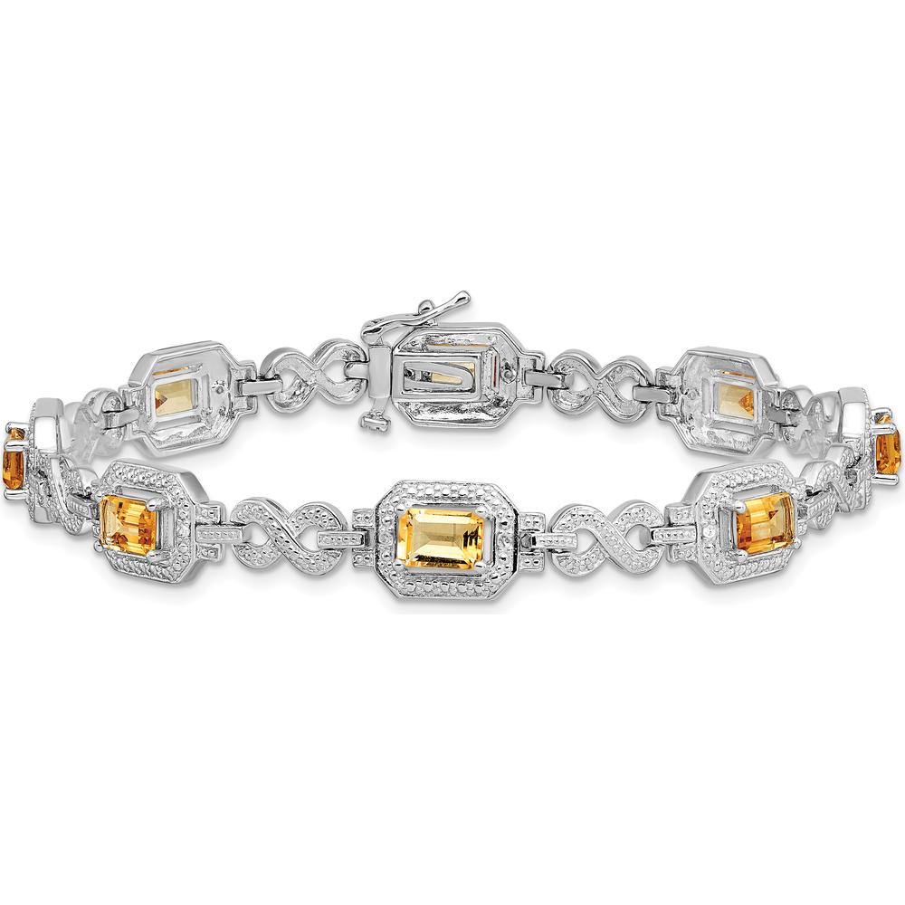 Sterling Silver Rhodium-Plated Diamond & Citrine Bracelet with Octagon Citrines - 0.54 Carat Total Citrine Weight, 0.096 Carat Total Diamond Weight by 0