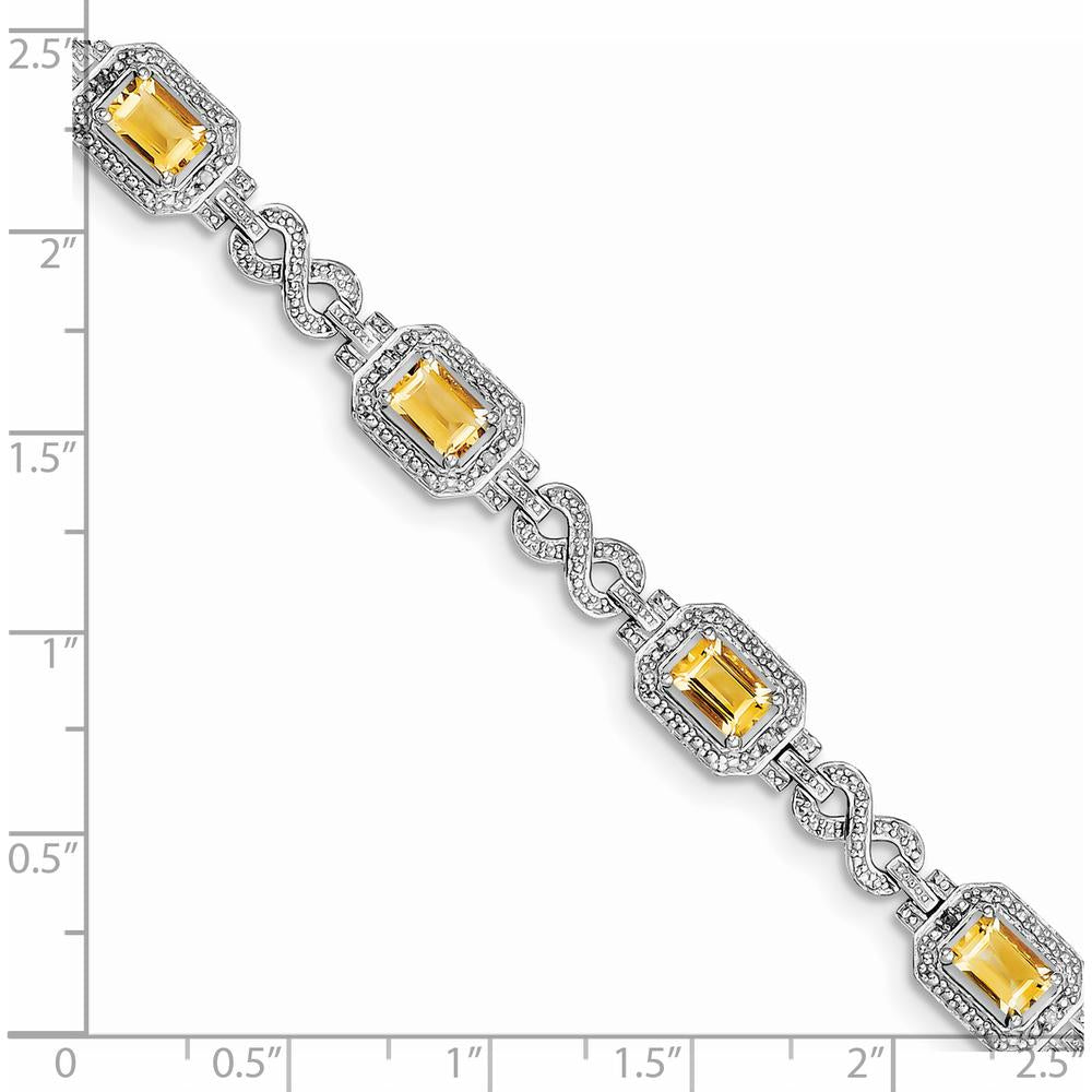 Sterling Silver Rhodium-Plated Diamond & Citrine Bracelet with Octagon Citrines - 0.54 Carat Total Citrine Weight, 0.096 Carat Total Diamond Weight by 0