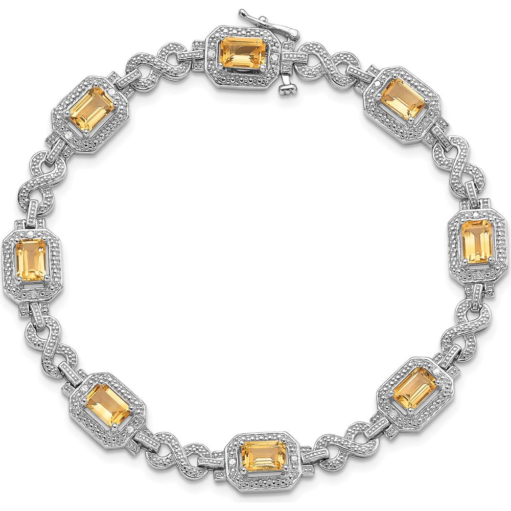 Sterling Silver Rhodium-Plated Diamond & Citrine Bracelet with Octagon Citrines - 0.54 Carat Total Citrine Weight, 0.096 Carat Total Diamond Weight by 0