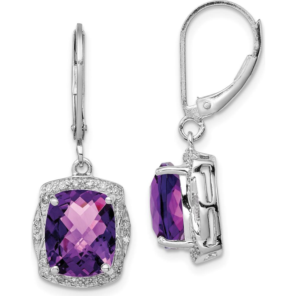 Sterling Silver Rhodium-Plated Drop Earrings with Cushion-Cut Amethyst and Round Diamonds - 2.24 Carat Total Amethyst Weight by Lumare Gioia