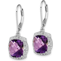 Sterling Silver Rhodium-Plated Drop Earrings with Cushion-Cut Amethyst and Round Diamonds - 2.24 Carat Total Amethyst Weight by Lumare Gioia