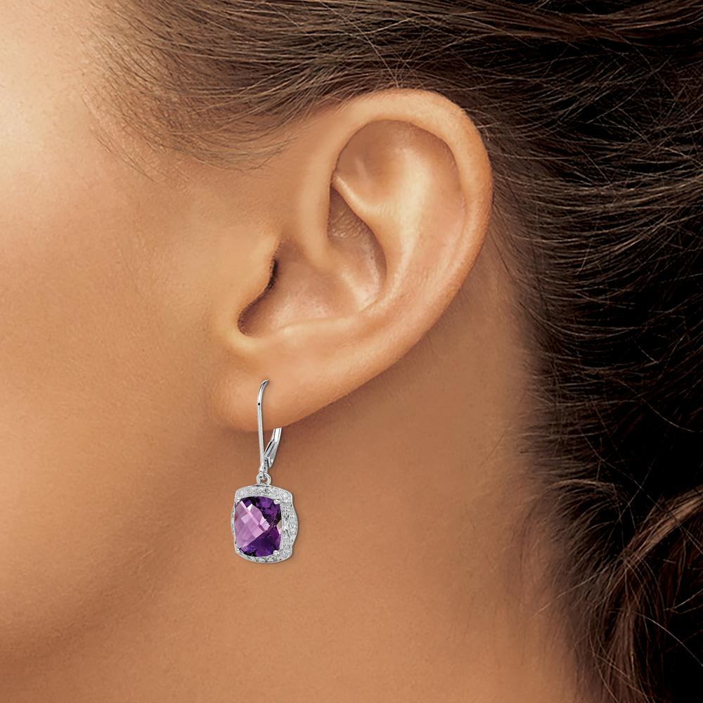 Sterling Silver Rhodium-Plated Drop Earrings with Cushion-Cut Amethyst and Round Diamonds - 2.24 Carat Total Amethyst Weight by Lumare Gioia