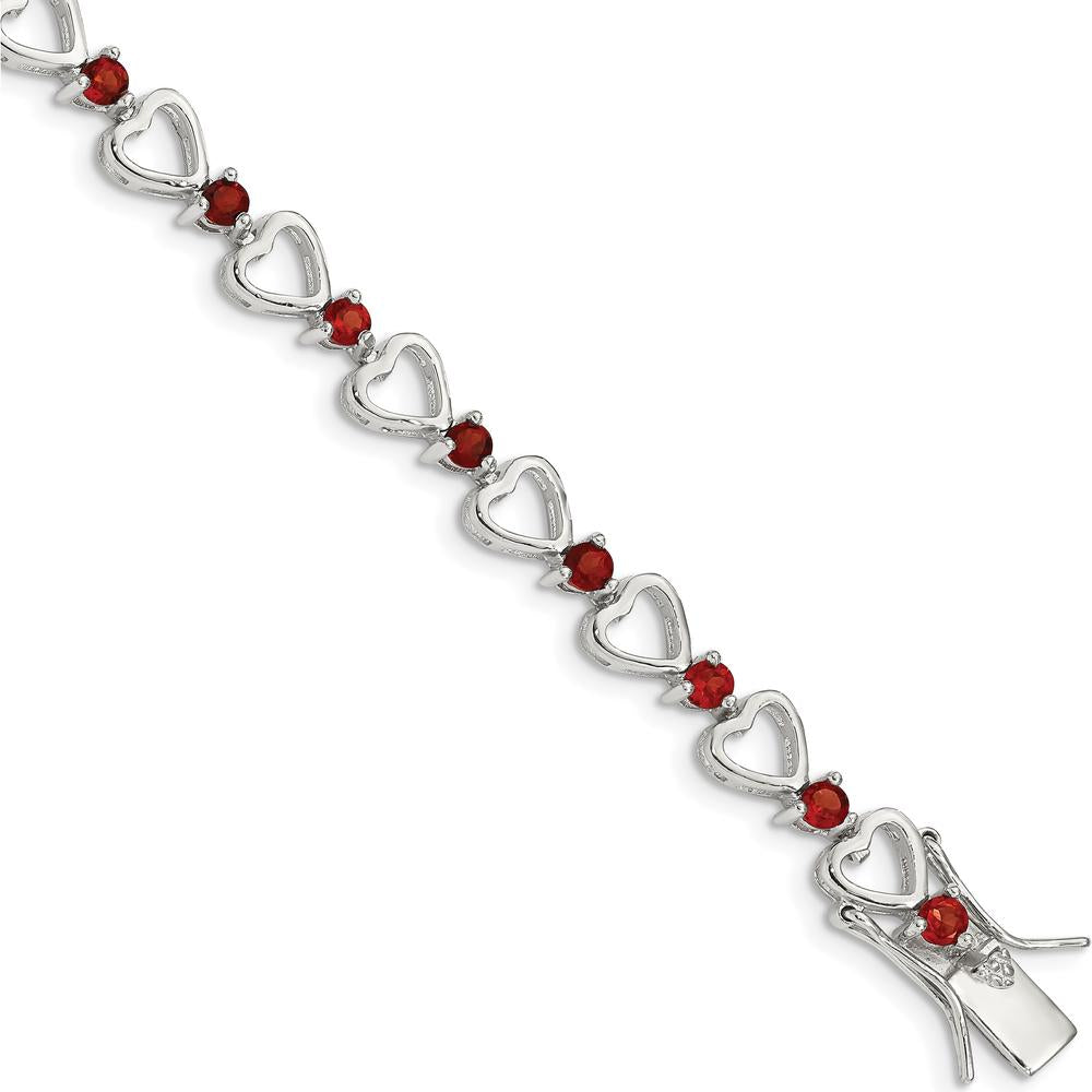 Sterling Silver Rhodium-Plated Heart Bracelet with Natural Garnets - 7 Inches Length by Lumare Gioia