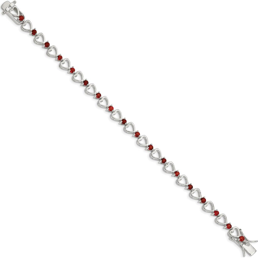 Sterling Silver Rhodium-Plated Heart Bracelet with Natural Garnets - 7 Inches Length by Lumare Gioia