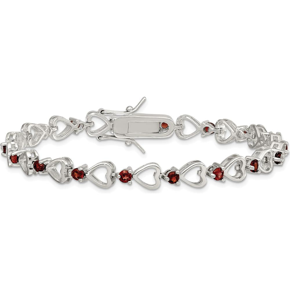 Sterling Silver Rhodium-Plated Heart Bracelet with Natural Garnets - 7 Inches Length by Lumare Gioia